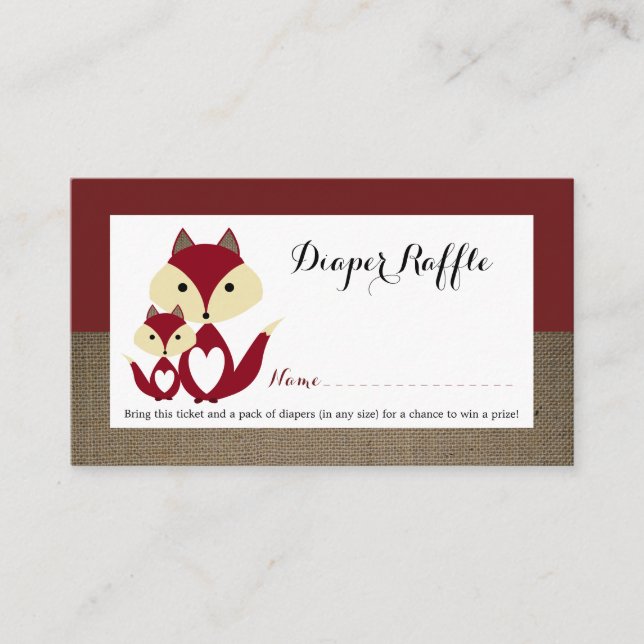 Red Fox Burlap Baby Shower Diaper Raffle Ticket Enclosure Card (Front)