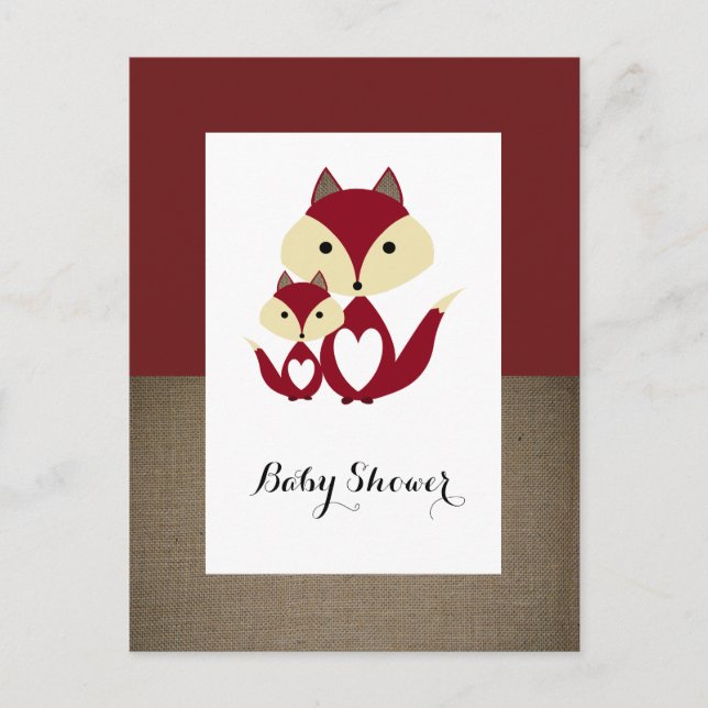 Red Fox Burlap Baby Shower Invitation Postcard (Front)