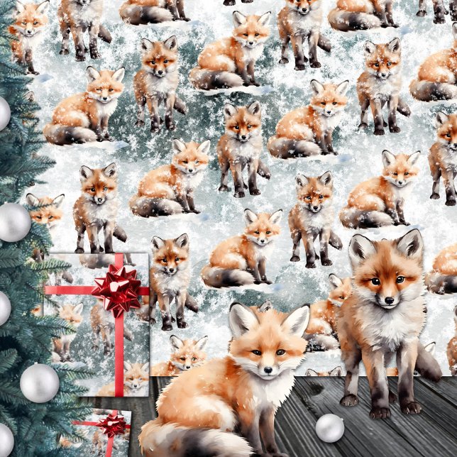 Red Fox Cubs Snowy Winter Scene Wrapping Paper (Red Fox Cubs Snowy Winter Scene Wrapping Paper Rolls)