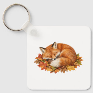 Red Fox Curled Up on Fallen Leaves Keychain