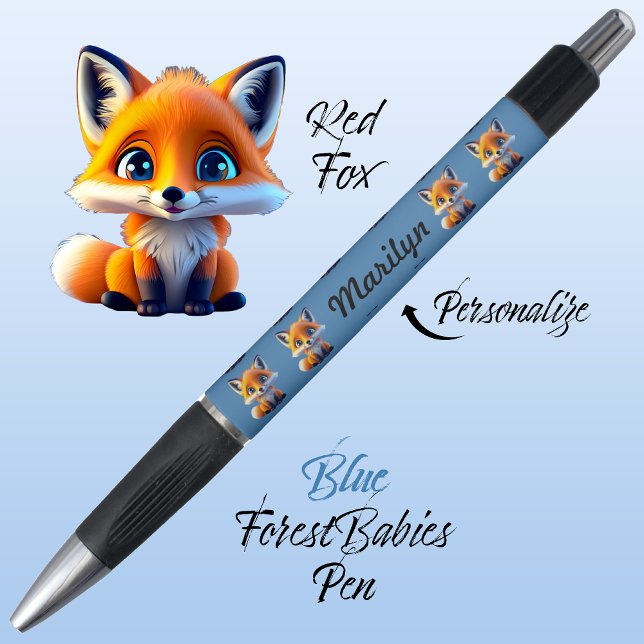 Red Fox, Cute Colourful Blue Childrens School Ink Pen (Cute Whimsical Red Fox Cartoon Graphic, blue Personalizable ForestBabies Pen 🦊)