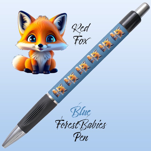Red Fox, Cute Unique Whimsical Forest Animal Blue Pen (Cute Whimsical Red Fox Cartoon Graphic, blue ForestBabies Pen 🦊)