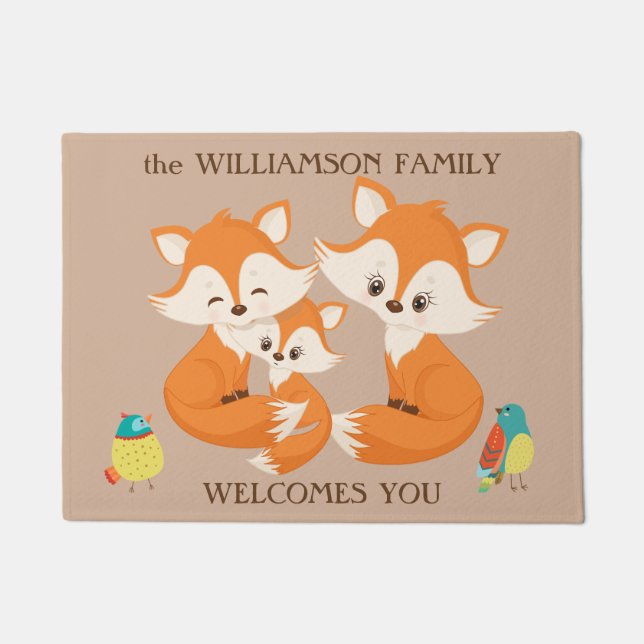 Red Fox Family Welcome Doormat (Front)
