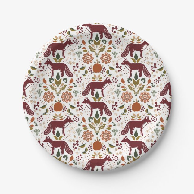 Red Fox Folk Art Paper Plates Party Supply (Front)