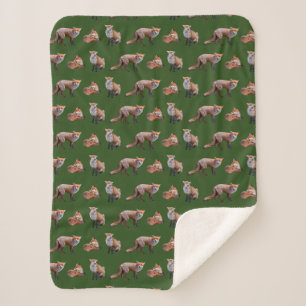 Red Fox Frenzy Sherpa Blanket (Dark Green)