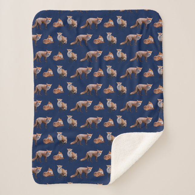 Red Fox Frenzy Sherpa Blanket (Navy) (Front)