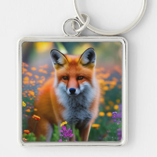 Red Fox in Field of Wildflowers Keychain