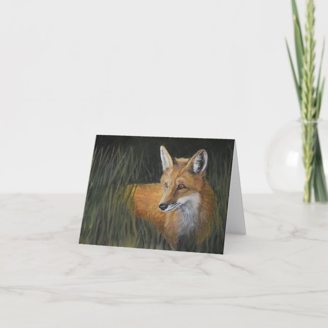 Red Fox in Grass Wildlife Art Note Card (Front)