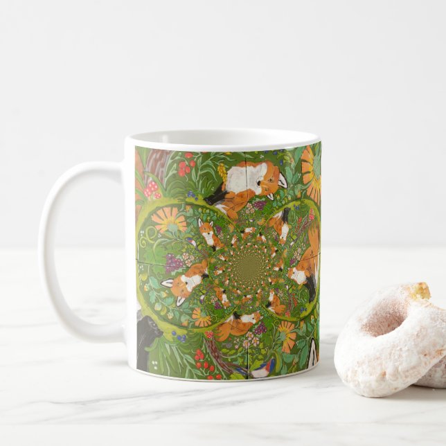 Red Fox in Green Floral Folk Art Fractal Woodland Coffee Mug (With Donut)