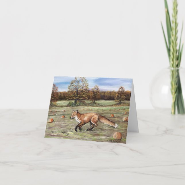 Red Fox in Pumpkin Patch Art Note Card (Front)