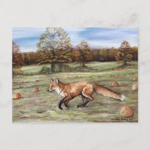 Red Fox in Pumpkin Patch Art Pastel Painting Postcard