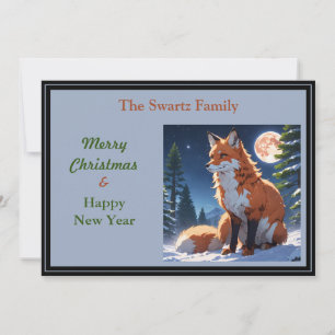 Red fox in the forest with moon holiday card