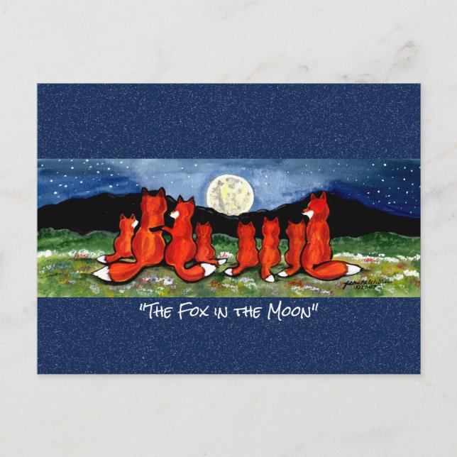 Red Fox in the Moon Whimsical Watercolor Postcard (Front)