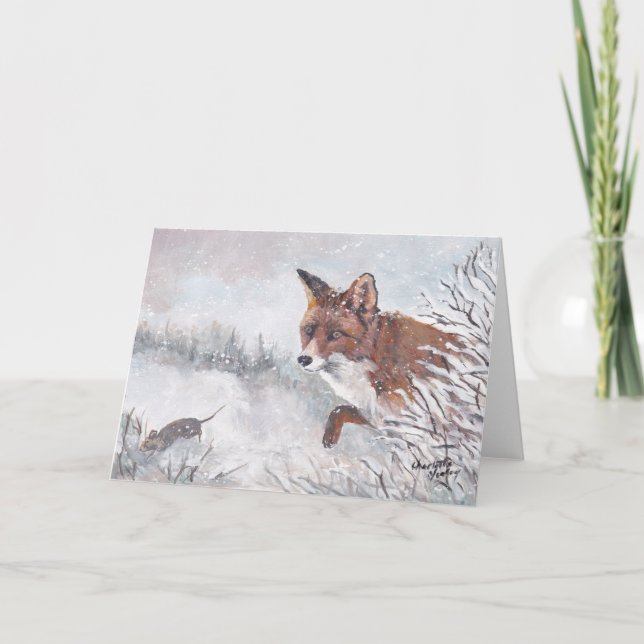 Red Fox in the Snow Wildlife Art Greeting Card (Front)