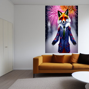Red Fox in uniform and firework   AI Art Poster