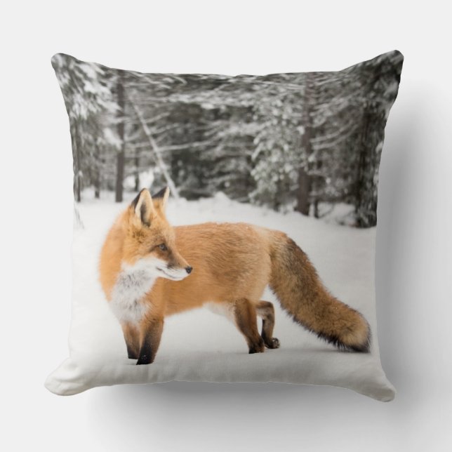 Red Fox in White Snow Throw Pillow (Front)