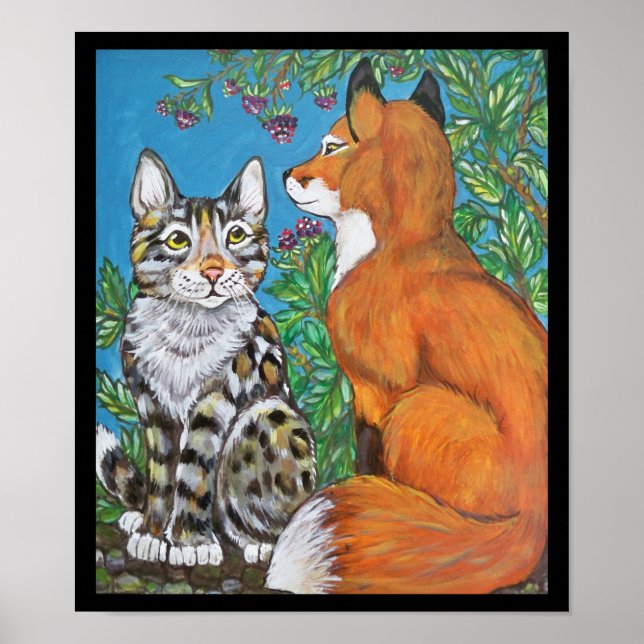 Red Fox Kit and Cat Poster, Original Animal Art Poster (Front)