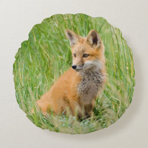 Red Fox Kit in grass near den Round Pillow