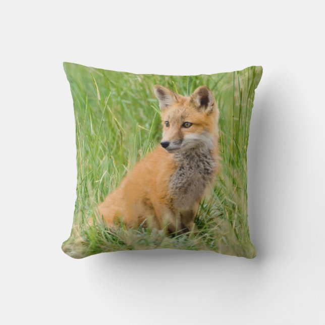 Red Fox Kit in grass near den Throw Pillow (Front)