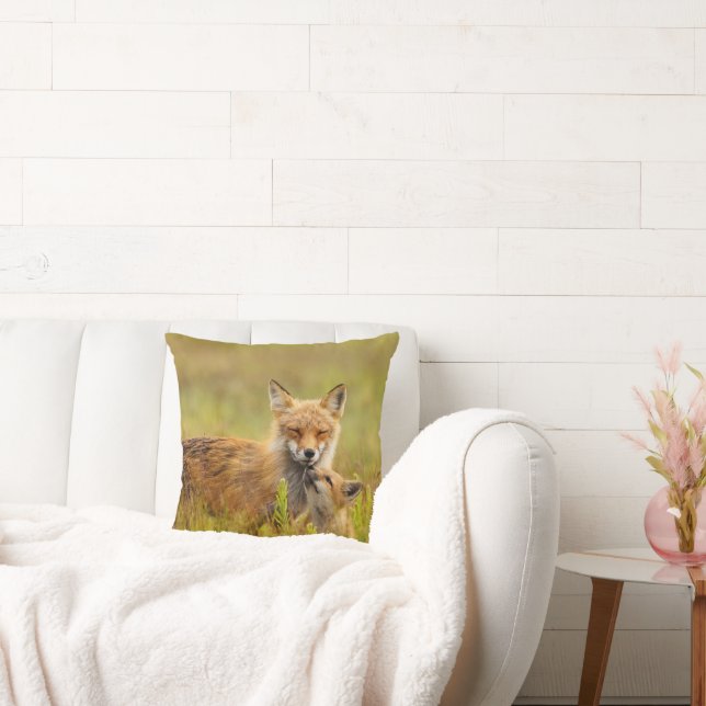 Red Fox Kit Looking Up to Momma  Throw Pillow (Couch)