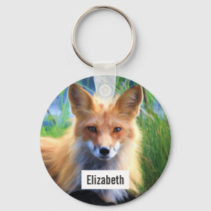 Red Fox Laying in the Grass Scenic Personalized Keychain