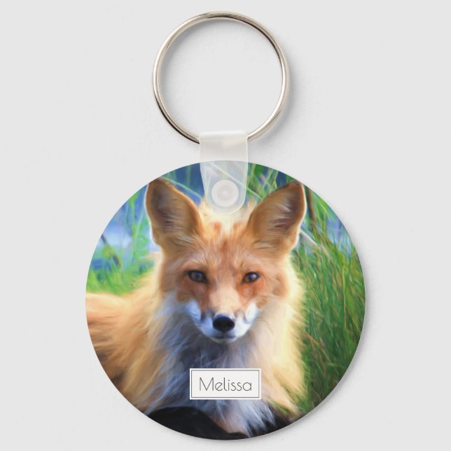 Red Fox Laying in the Grass Scenic Personalized Keychain (Front)