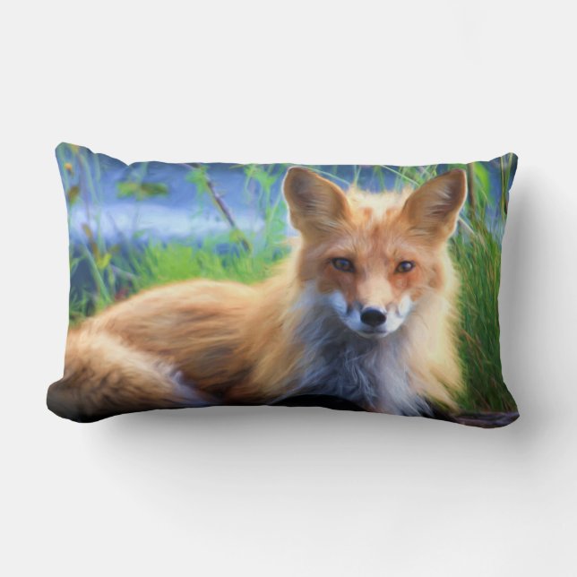 Red Fox Laying in the Grass Scenic Wildlife Lumbar Pillow (Front)