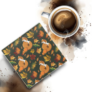 Red Fox Leaves Acorns Green Glass Coaster