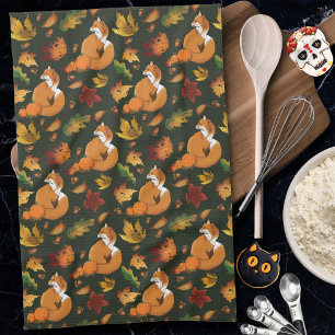 Red Fox Leaves Acorns Green Kitchen Towel