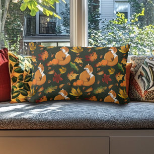 Red Fox Leaves Acorns Green Lumbar Pillow
