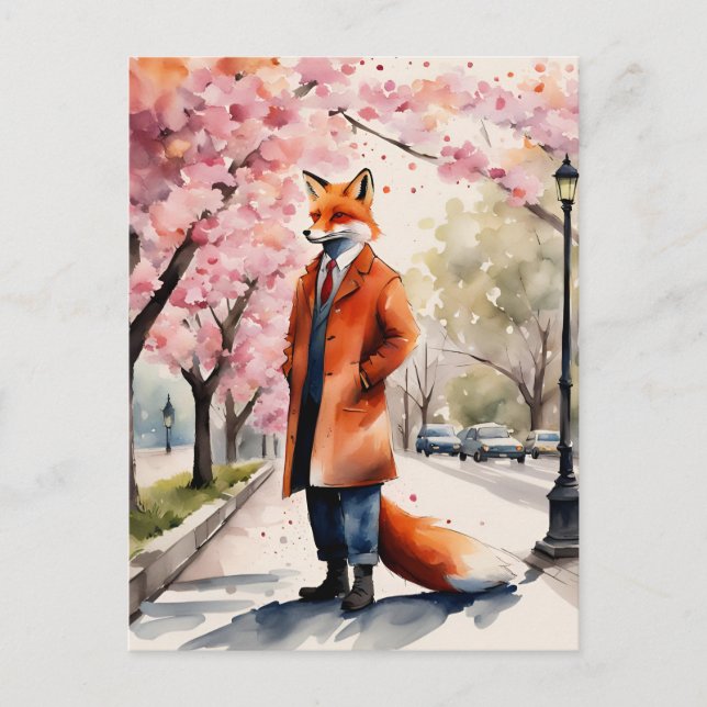 Red Fox Morning Walk in the Spring City Postcard (Front)