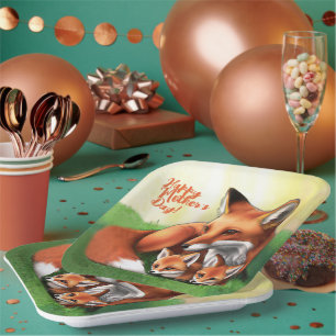 Red Fox Mother and Kits in the Grass Paper Plate