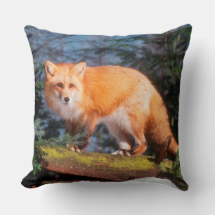 Red Fox on a log Throw Pillow
