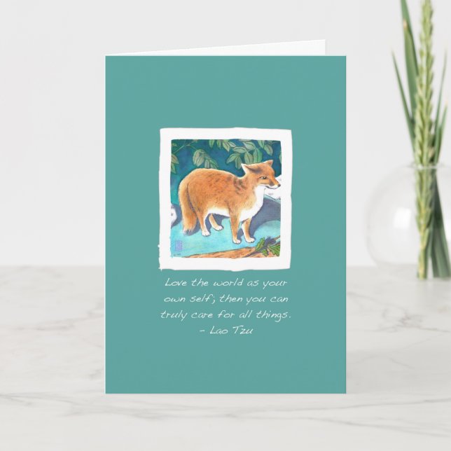 Red Fox on Blue-Green Thinking of You/Thank You Card (Front)