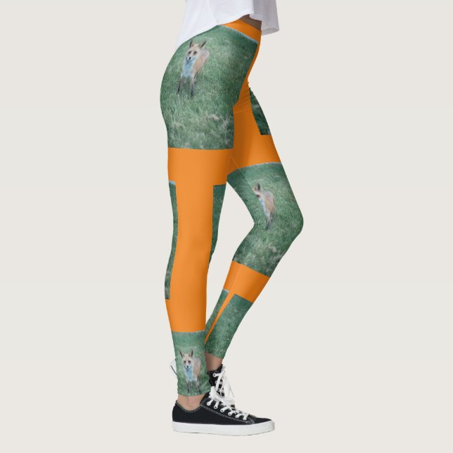 Red fox on grass at park repeat pattern leggings (Right)