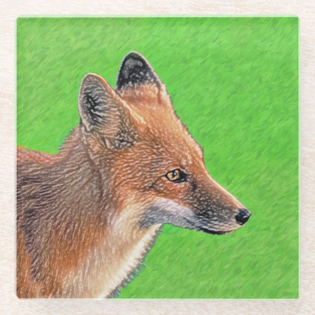 Red Fox Painting - Original Wildlife Art Glass Coaster (Front)