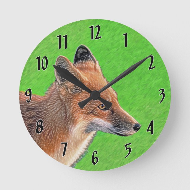 Red Fox Painting - Original Wildlife Art Round Clock (Front)