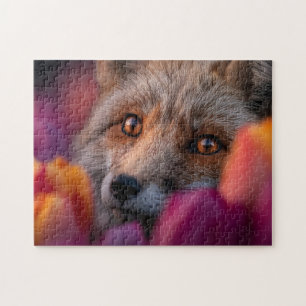 Red Fox Peeking Through Pink and Orange Tulips Jigsaw Puzzle