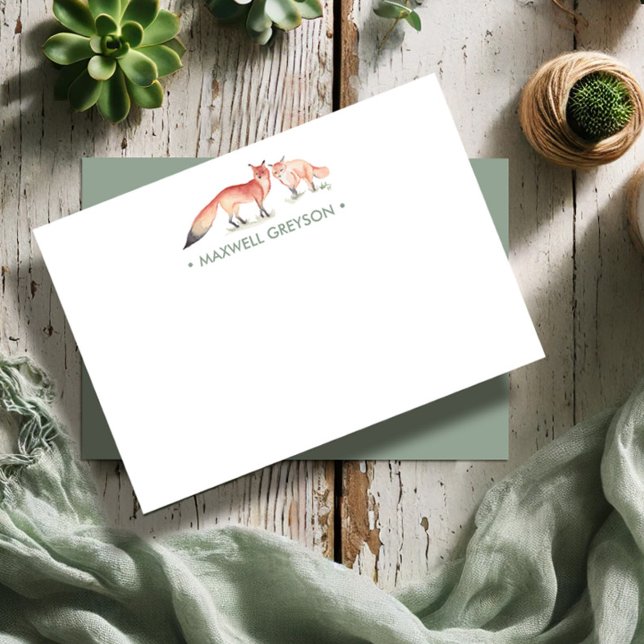 Red Fox Personalized Stationery Small Card (Custom notecards feature watercolor foxes by Victoria Grigaliunas Do Tell A Belle)