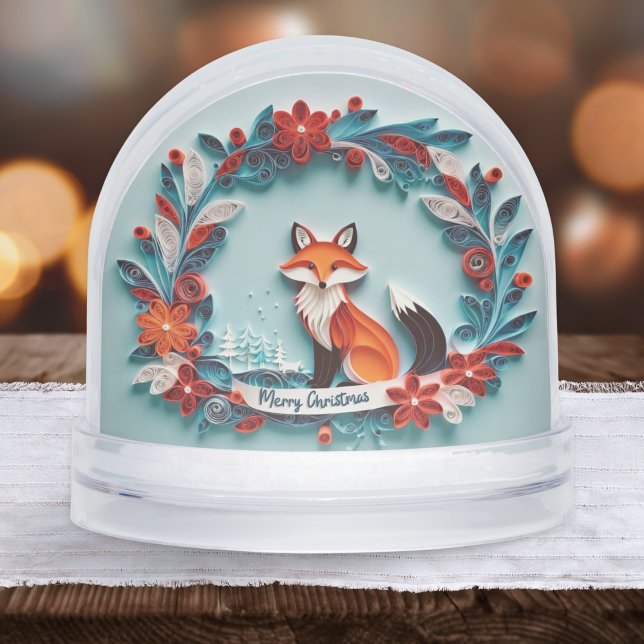 Red Fox Personnalisé Christmas Snow Globe (A Christmas snow globe with red fox and plants design in a papercraft style)