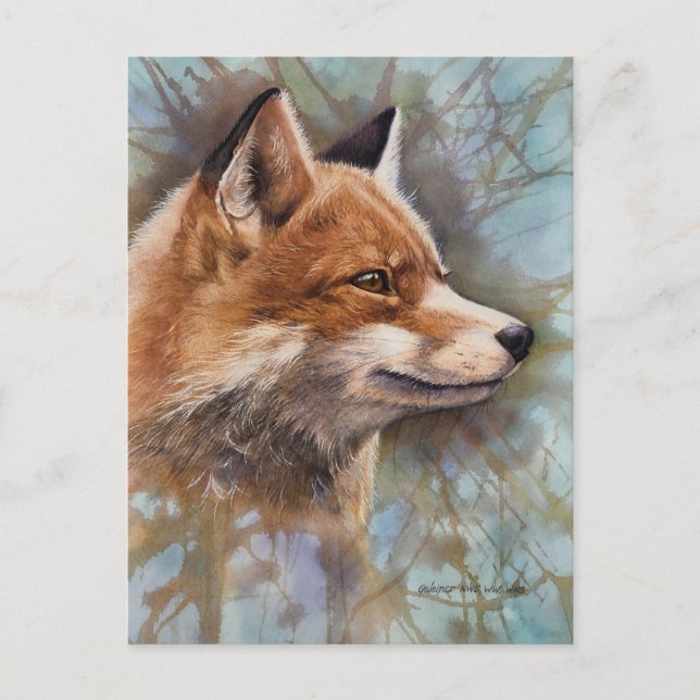 Red Fox Profile Portrait Watercolor Background Art Postcard (Front)