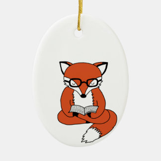 Red fox reading book ceramic ornament
