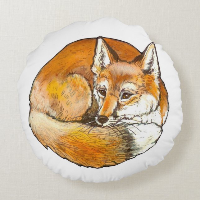 Red Fox Round Throw Pillow, Original Artwork Pillow (Back)