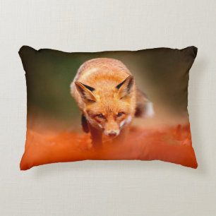Red fox running on orange autumn leaves. Cute Red Accent Pillow