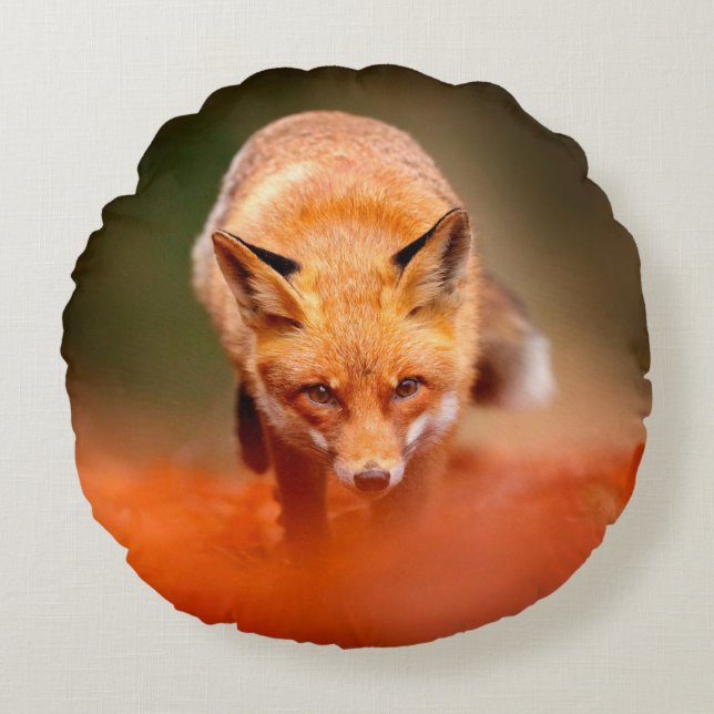 Red fox running on orange autumn leaves. Cute Red  Round Pillow (Front)