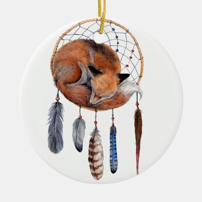 Red Fox Sleeping on Dreamcatcher Ceramic Ornament (Front)