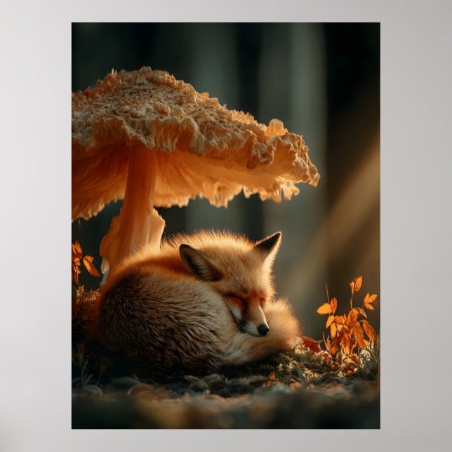 Red Fox Sleeping Under Giant Mushroom Poster (Front)
