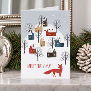 Red Fox Snowy Nordic Village Merry Christmas Holiday Card