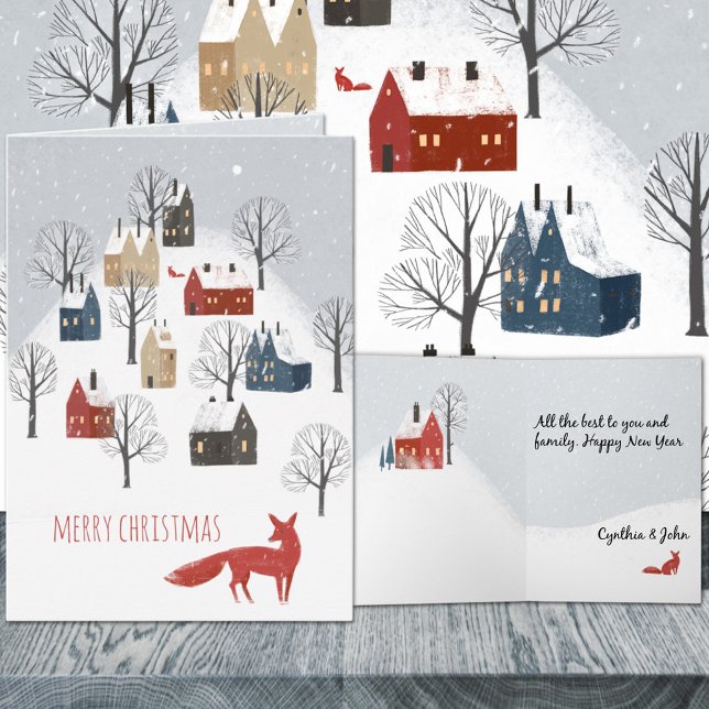 Red Fox Snowy Nordic Village Merry Christmas  Holiday Card (Red Fox Snowy Nordic Village Merry Christmas Holiday Wraparound Graphics Folded Card in 2 sizes.)