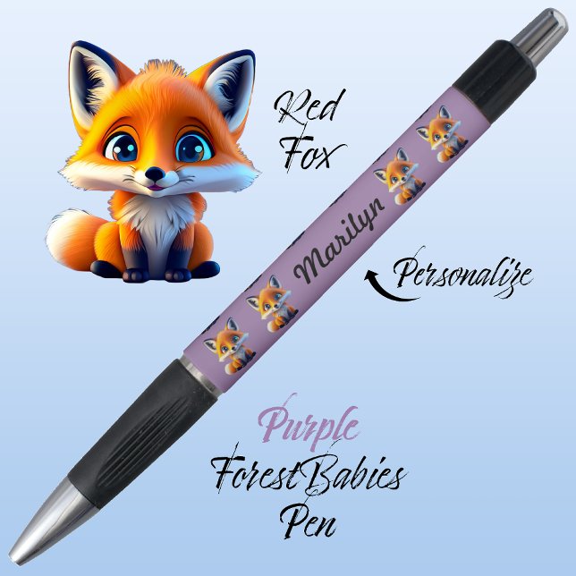 Red Fox, Vibrant Purple, Kids Name, School Gift Pen (Cute Whimsical Red Fox Cartoon Graphic, purple Personalizable ForestBabies Pen 🦊)